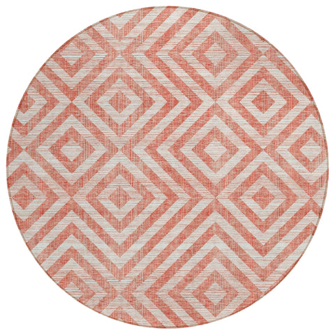 8' Salmon And Ivory Round Geometric Washable Indoor Outdoor Area Rug