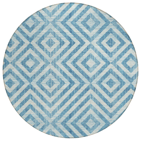 8' Teal Blue And Ivory Round Geometric Washable Indoor Outdoor Area Rug