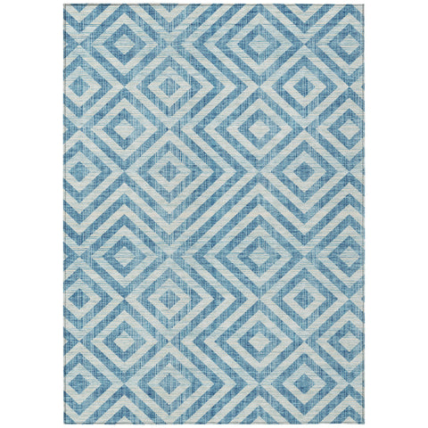 8' X 10' Teal Blue And Ivory Geometric Washable Indoor Outdoor Area Rug