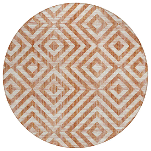 8' Terra Cotta Copper And Beige Round Geometric Washable Indoor Outdoor Area Rug