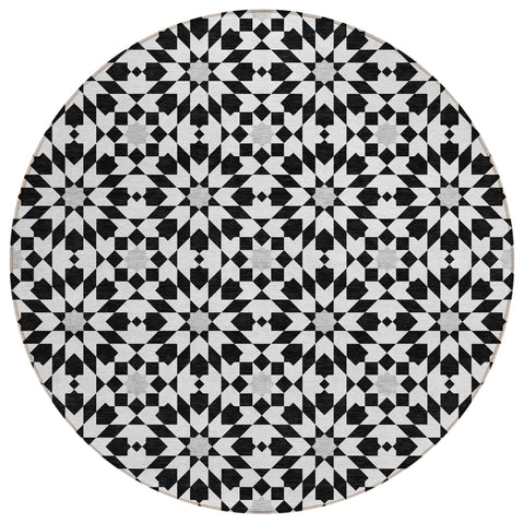 8' Black Gray And Silver Round Floral Medallion Washable Indoor Outdoor Area Rug