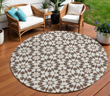 8' Brown Beige And Ivory Round Floral Medallion Washable Indoor Outdoor Area Rug