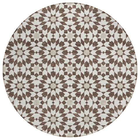 8' Brown Beige And Ivory Round Floral Medallion Washable Indoor Outdoor Area Rug
