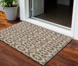 3' X 5' Chocolate Ivory And Gold Floral Medallion Washable Indoor Outdoor Area Rug