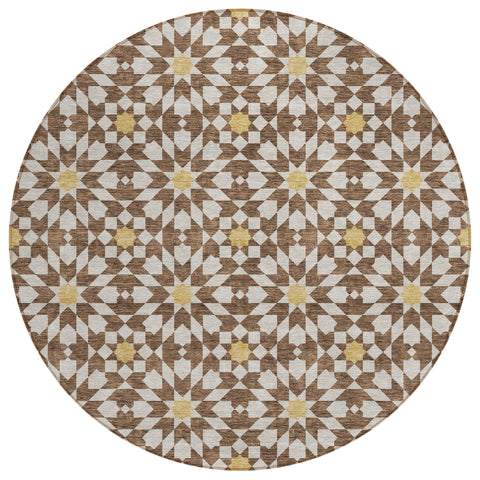 8' Chocolate Ivory And Gold Round Floral Medallion Washable Indoor Outdoor Area Rug