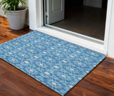3' X 5' Denim Blue And Ivory Floral Medallion Washable Indoor Outdoor Area Rug