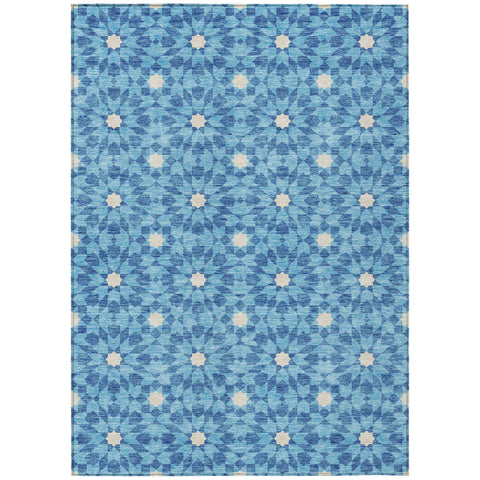 3' X 5' Denim Blue And Ivory Floral Medallion Washable Indoor Outdoor Area Rug