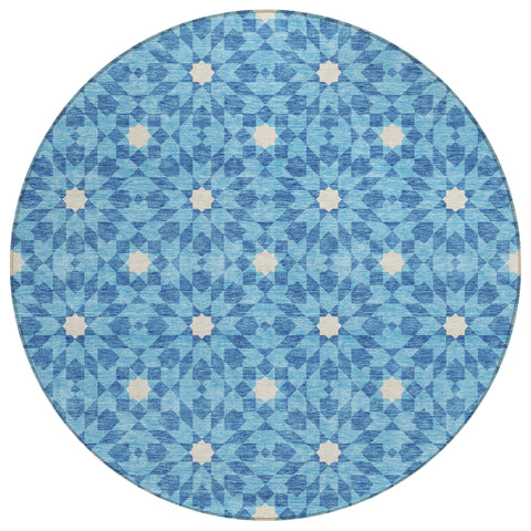 8' Denim Blue And Ivory Round Floral Medallion Washable Indoor Outdoor Area Rug