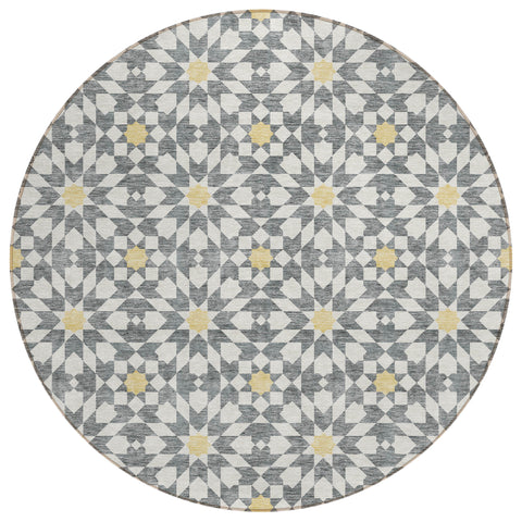 8' Gray Ivory And Gold Round Floral Medallion Washable Indoor Outdoor Area Rug