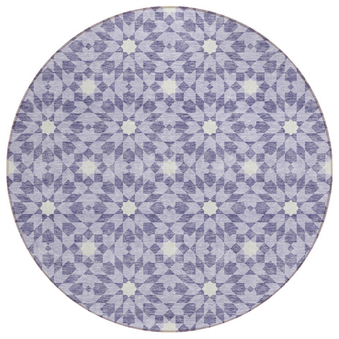8' Lilac Purple And Ivory Round Floral Medallion Washable Indoor Outdoor Area Rug