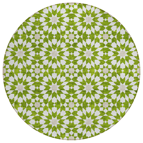 8' Lime Green Ivory And Beige Round Floral Medallion Washable Indoor Outdoor Area Rug