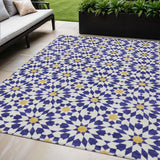 5' X 8' Navy Blue And Ivory Floral Medallion Washable Indoor Outdoor Area Rug
