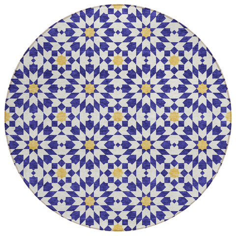 8' Navy Blue And Ivory Round Floral Medallion Washable Indoor Outdoor Area Rug