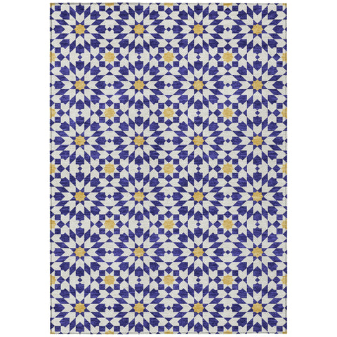 8' X 10' Navy Blue And Ivory Floral Medallion Washable Indoor Outdoor Area Rug