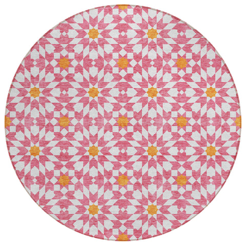 8' Pink Ivory And Orange Round Floral Medallion Washable Indoor Outdoor Area Rug