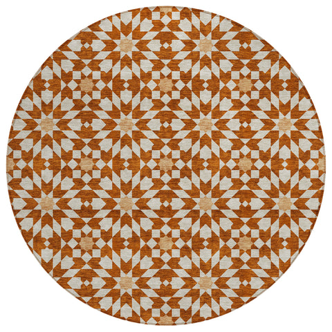 8' Orange Beige And Copper Round Floral Medallion Washable Indoor Outdoor Area Rug