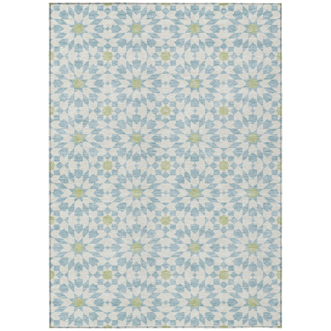 3' X 5' Sky Blue Ivory And Artichoke Green Floral Medallion Washable Indoor Outdoor Area Rug