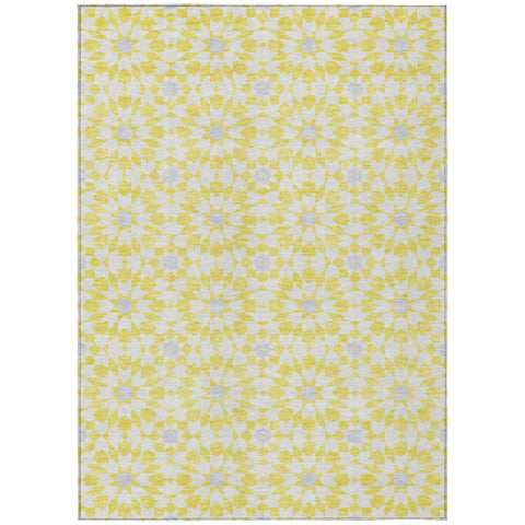 3' X 5' Yellow Ivory And Gray Floral Medallion Washable Indoor Outdoor Area Rug