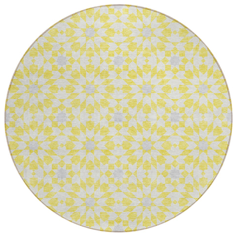 8' Yellow Ivory And Gray Round Floral Medallion Washable Indoor Outdoor Area Rug