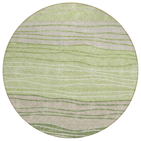 8' Artichoke Green And Taupe Round Striped Washable Indoor Outdoor Area Rug