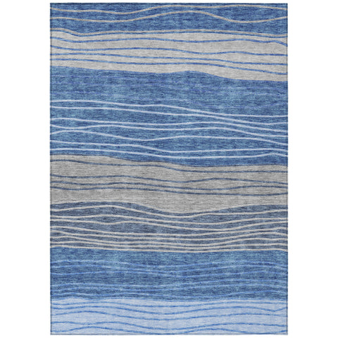 5' X 8' Navy Blue And Gray Striped Washable Indoor Outdoor Area Rug