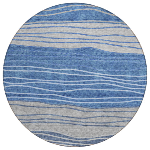 8' Navy Blue And Gray Round Striped Washable Indoor Outdoor Area Rug