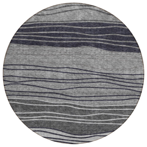 8' Gray Charcoal And Silver Round Striped Washable Indoor Outdoor Area Rug