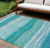 8' X 10' Sky Blue Teal Blue And Aqua Striped Washable Indoor Outdoor Area Rug