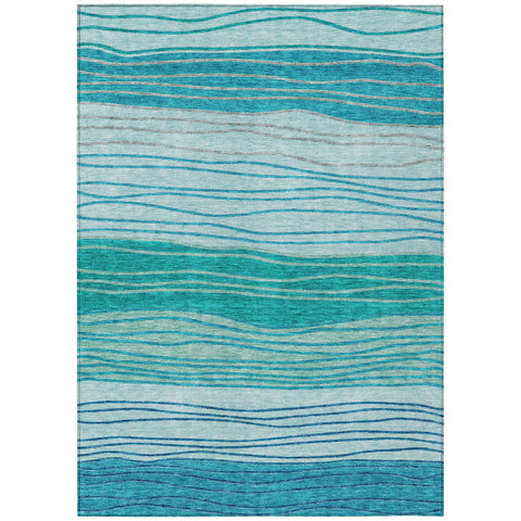 8' X 10' Sky Blue Teal Blue And Aqua Striped Washable Indoor Outdoor Area Rug