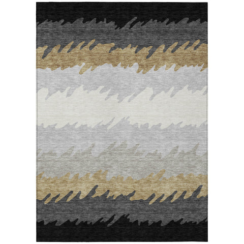 5' X 8' Black Charcoal And Silver Striped Washable Indoor Outdoor Area Rug