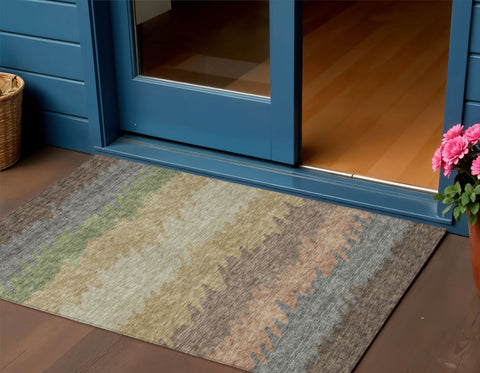 3' X 5' Chocolate Gray And Green Striped Washable Indoor Outdoor Area Rug