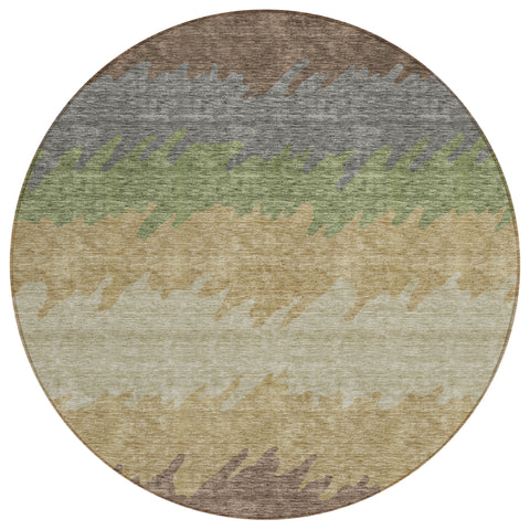 8' Chocolate Gray And Green Round Striped Washable Indoor Outdoor Area Rug