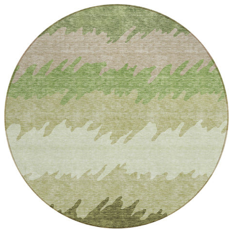 8' Beige And Olive Green Round Striped Washable Indoor Outdoor Area Rug