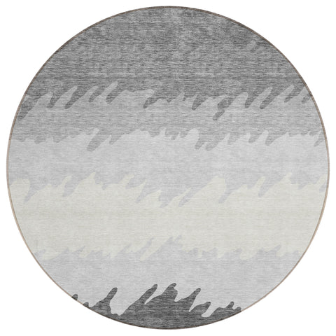 8' Gray Silver And Charcoal Round Striped Washable Indoor Outdoor Area Rug