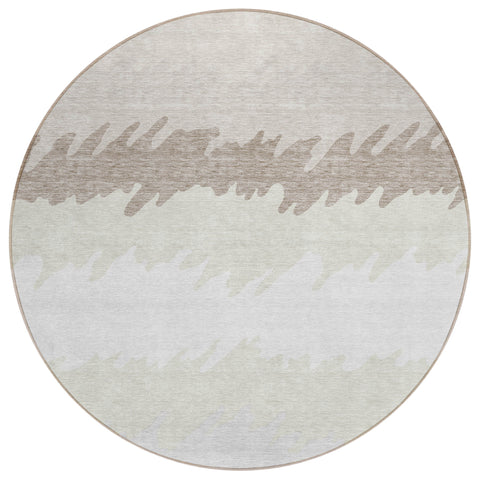 8' Ivory Beige And Taupe Round Striped Washable Indoor Outdoor Area Rug