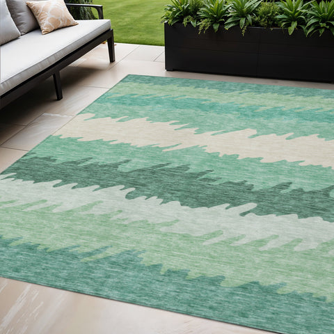5' X 8' Sage Green And Ivory Striped Washable Indoor Outdoor Area Rug
