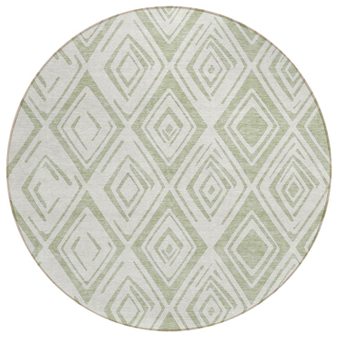 8' Artichoke Green And Ivory Round Geometric Washable Indoor Outdoor Area Rug