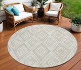 8' Beige And Ivory Round Geometric Washable Indoor Outdoor Area Rug