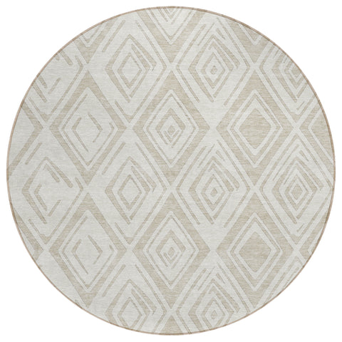 8' Beige And Ivory Round Geometric Washable Indoor Outdoor Area Rug