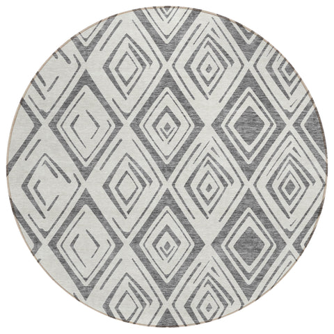 8' Gray And Ivory Round Geometric Washable Indoor Outdoor Area Rug