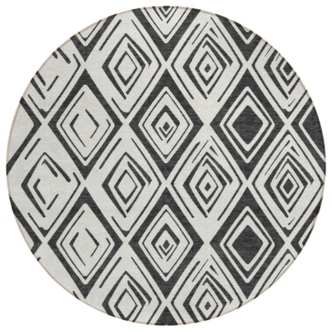 8' Ivory And Black Round Geometric Washable Indoor Outdoor Area Rug