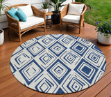 8' Navy Blue And Ivory Round Geometric Washable Indoor Outdoor Area Rug