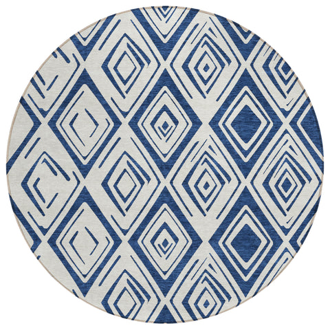 8' Navy Blue And Ivory Round Geometric Washable Indoor Outdoor Area Rug