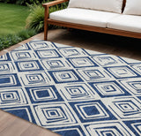 8' X 10' Navy Blue And Ivory Geometric Washable Indoor Outdoor Area Rug