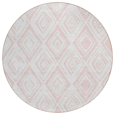 8' Pink And Ivory Round Geometric Washable Indoor Outdoor Area Rug