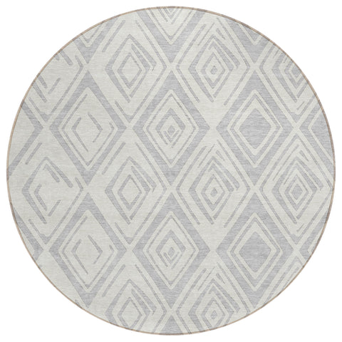 8' Pewter And Ivory Round Geometric Washable Indoor Outdoor Area Rug