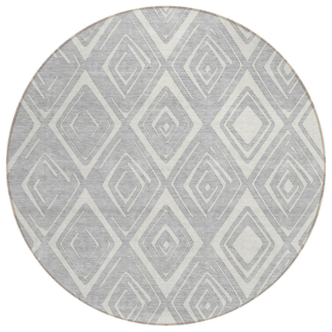 8' Silver And Ivory Round Geometric Washable Indoor Outdoor Area Rug