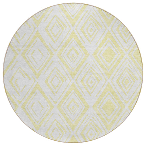 8' Yellow And Ivory Round Geometric Washable Indoor Outdoor Area Rug