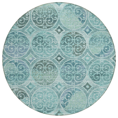 8' Teal Blue And Aqua Round Trellis Washable Indoor Outdoor Area Rug