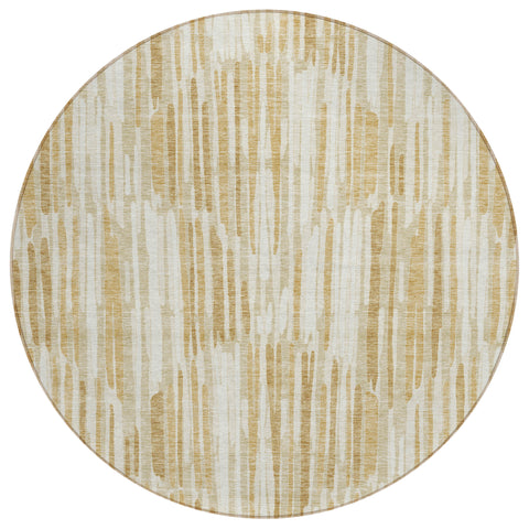 8' Gold Beige And Ivory Round Abstract Washable Indoor Outdoor Area Rug
